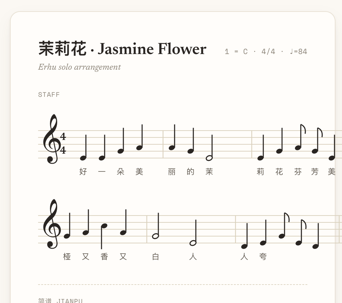 A PlayJot score preview showing Jasmine Flower in staff notation